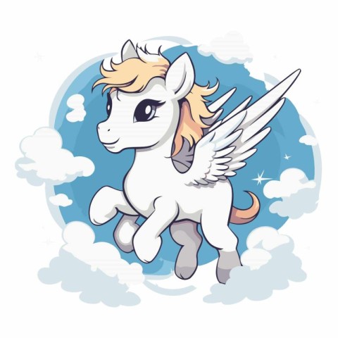 Cute cartoon white unicorn flying in the sky.