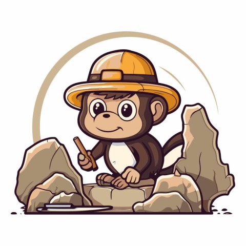 Monkey in a safari hat sitting on a stone.