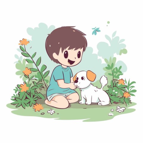 Boy playing with his dog in the garden. Cute cartoon vector illu