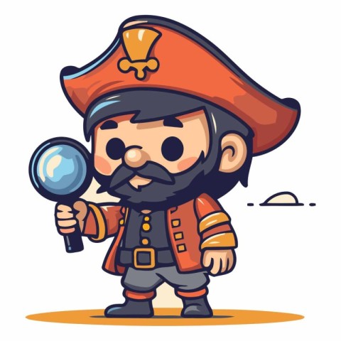 Cartoon pirate with a magnifying glass and a magnifying glass