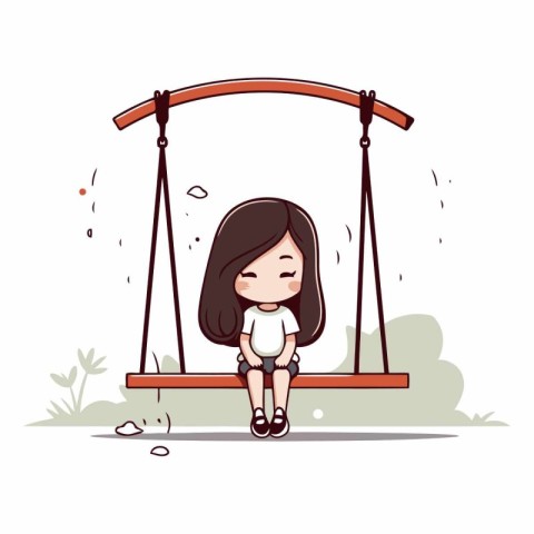Cute little girl sitting on swing in cartoon style.