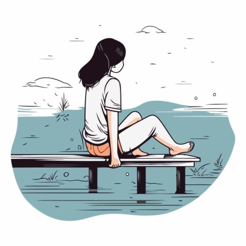 Young woman sitting on a bench and looking at the sea.