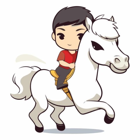 Boy riding a white horse isolated on white background.