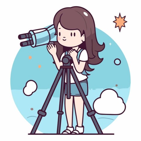 Girl looking through telescope in cartoon style on white backgro