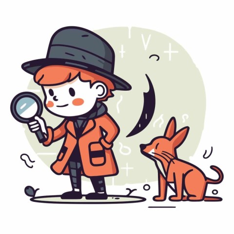 Cartoon detective with magnifying glass and dog.