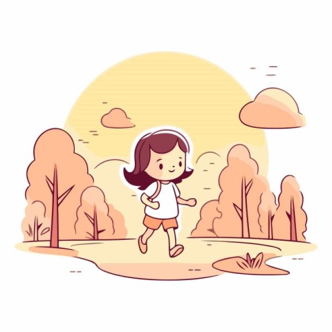 Little girl running in the park in cartoon style.