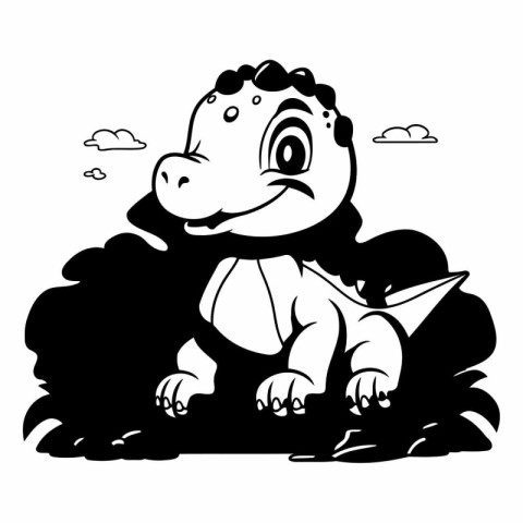 Cute Cartoon Dinosaur - Black and White Vector Illustration. Iso