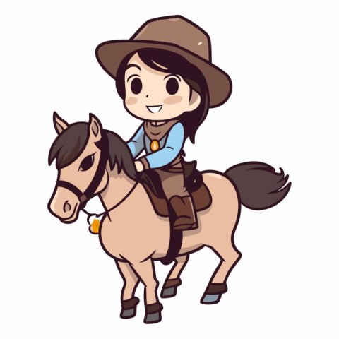 Illustration of a Cute Little Boy Wearing a Cowboy Hat and Ridin