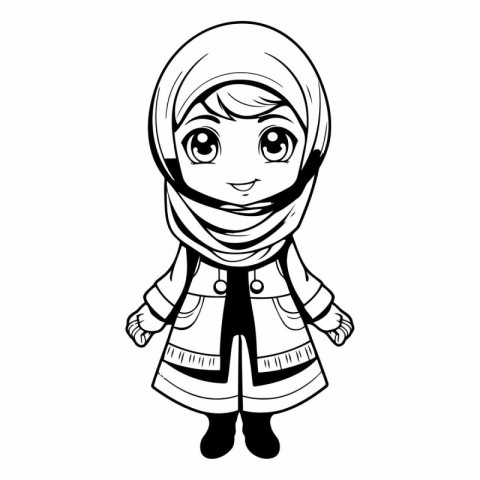 Cute muslim kid in traditional clothes for coloring book.