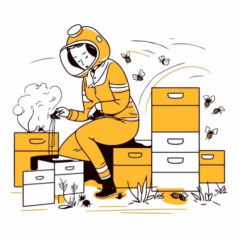 Beekeeper in protective suit and mask working in apiary.