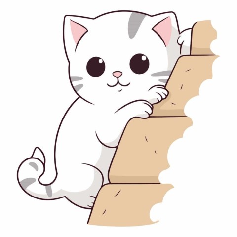 Cute cartoon cat sitting on the stairs isolated on white backgro