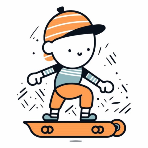 Cute little boy riding a snowboard in cartoon style.