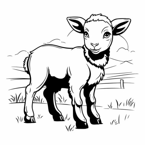 Black and white vector illustration of a goat standing in the fi