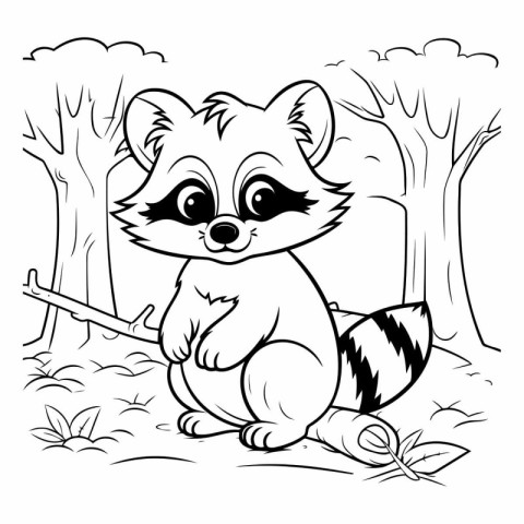 Cute raccoon sitting in the forest. black and white vector illus