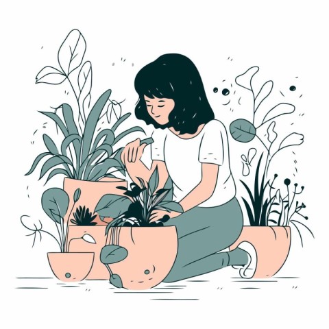 Vector illustration of a young woman planting a houseplant in a