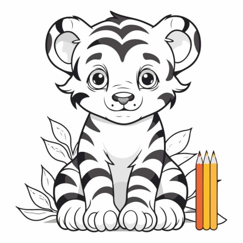 Cute cartoon tiger sitting with pencils and leaves.