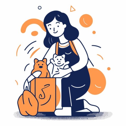 Vector illustration of a young woman with a cat in her hands.