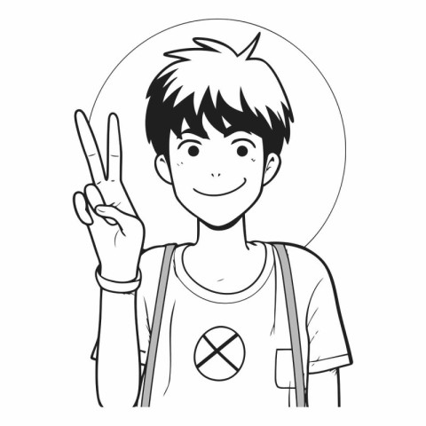 Young man showing peace sign. Black and white.