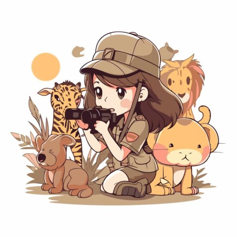 Girl in safari hat with camera and wild animals.