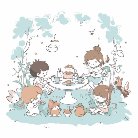 Illustration of children drinking tea in the garden.