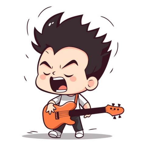 Funny Boy Playing Guitar - Cute Vector Cartoon Character Illustr