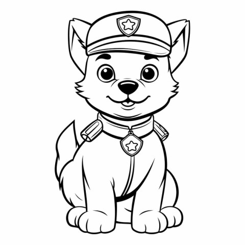 Black and White Cartoon Illustration of Cute Puppy Police Dog Co