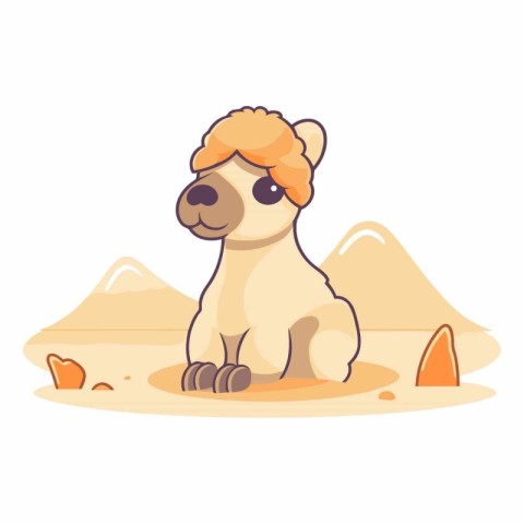 Cute camel sitting on sand in cartoon style.