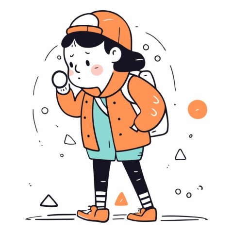 Vector illustration of a girl in a jacket and cap with a magnify