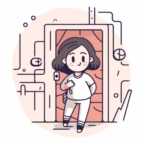 Vector illustration of a little girl opening the door in the hou