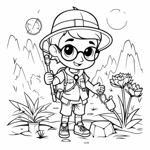 Coloring Page Outline Of a Kid Boy Scout with a Backpack