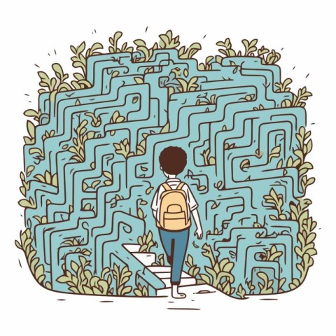 Vector illustration of a boy with a backpack and a labyrinth in