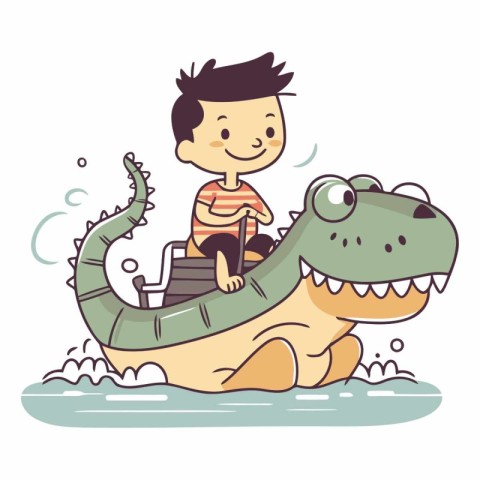 Cute little boy riding a crocodile. Vector cartoon illustration.