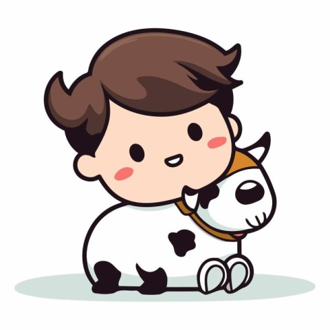 Cute Little Boy with Cow - Animal Cartoon Character Vector Illus