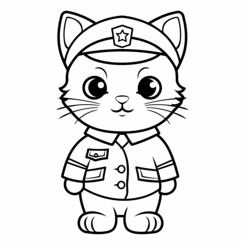 Black and White Cartoon Illustration of Cute Cat Captain Charact