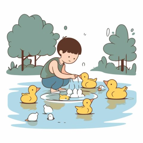 Little boy playing with ducklings in a pond.