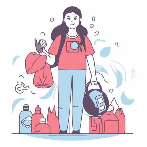 Vector illustration of a young woman with a backpack and garbage