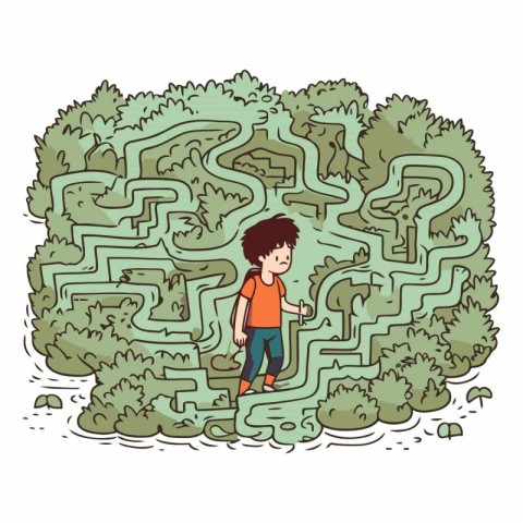 Maze game for kids with boy and trees vector illustration graphi