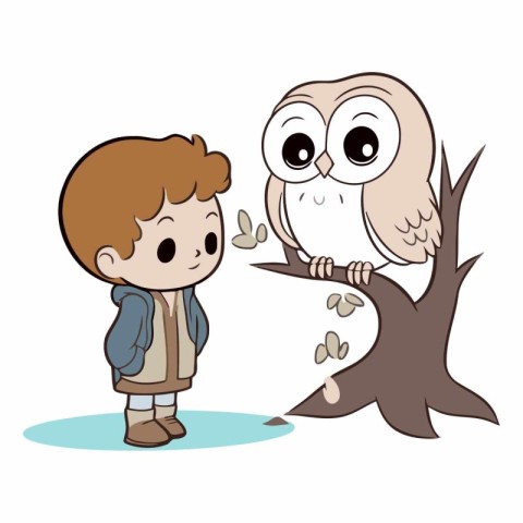 Illustration of a Cute Little Boy Hugging a Cute Owl