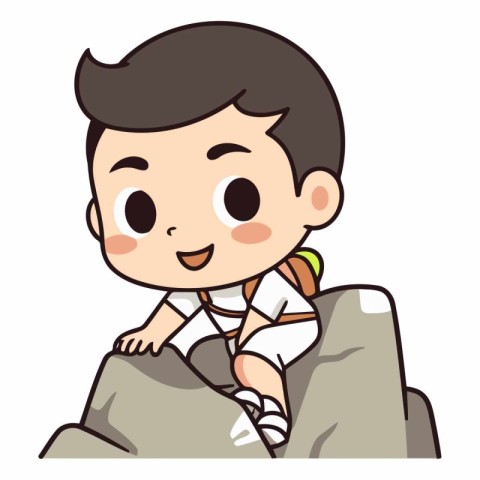 Cute boy climbing on a rock in cartoon style.