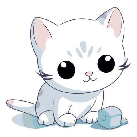 Illustration of a cute white cat sitting on the ground with a st