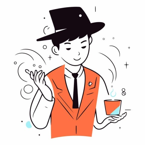 Vector illustration of a detective in a hat with a cup of coffee