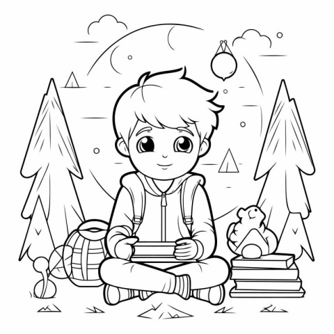 Black and white illustration of a little boy reading a book in t