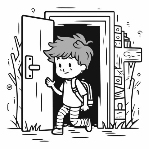 Vector illustration of a boy coming out of the door. Black and w