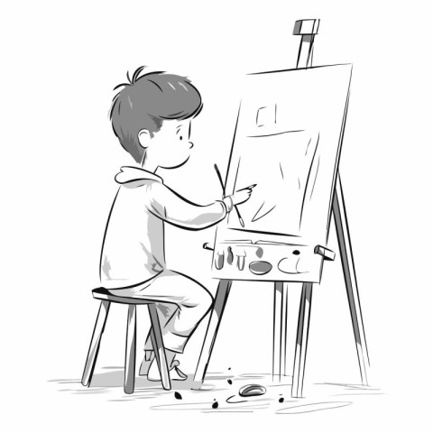 Illustration of a boy painting a picture on an easel.