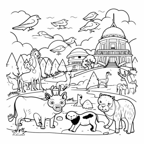 Animals in the park. Coloring page for adults and children.