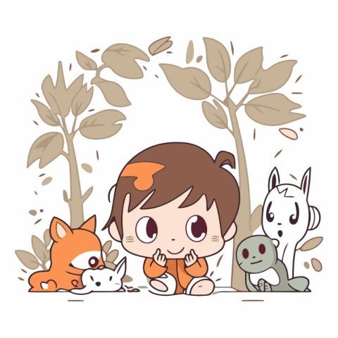 cute little boy with dog and cat in the park vector illustration