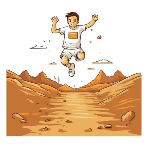 Cartoon boy jumping in the desert of a boy jumping in the desert