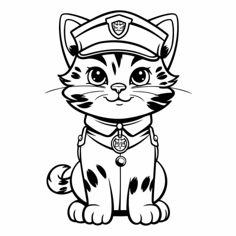 Black and White Cartoon Illustration of Cute Cat Police Officer