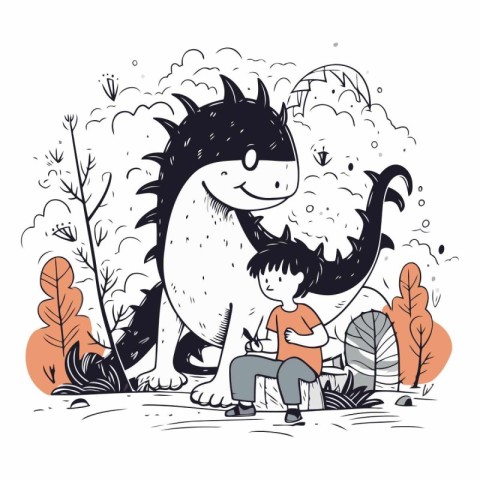 Little boy playing with a dinosaur in the park. Hand drawn vecto