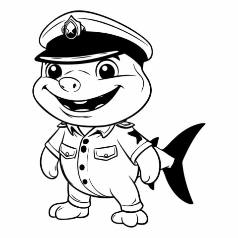 Black and White Cartoon Illustration of Cute Little Pirate Capta